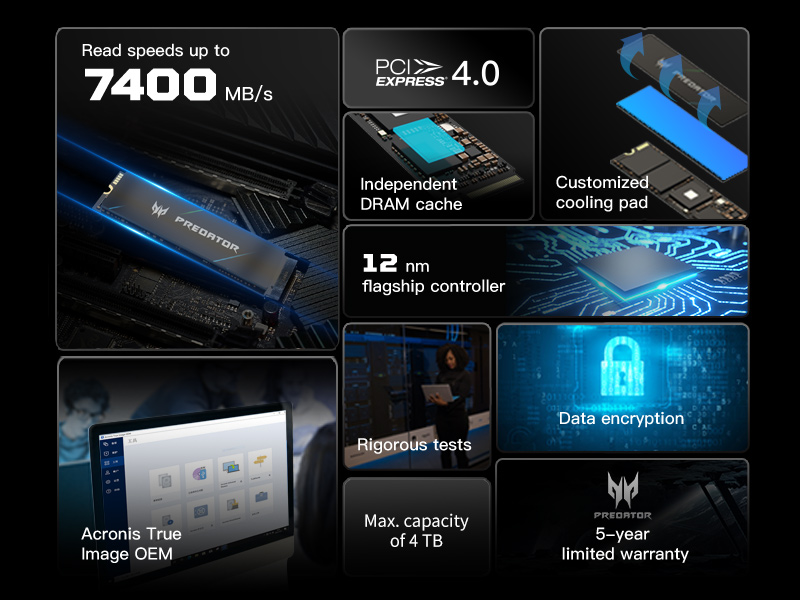 Predator GM7000 M.2 SSD with up to 7400 MB/s read speed and up to 2 TB in capacity. PCIe 4.0, 12 nm flagship 8-channel controller, independent DRAM cache, 4K LDPC Error Correction, and AES encryption.