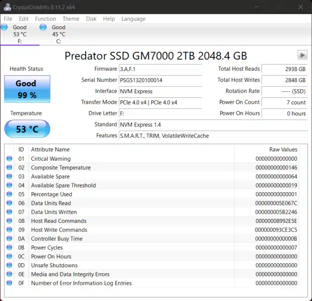 Crystal Disk Info test result of Acer Predator GM7000 2TB