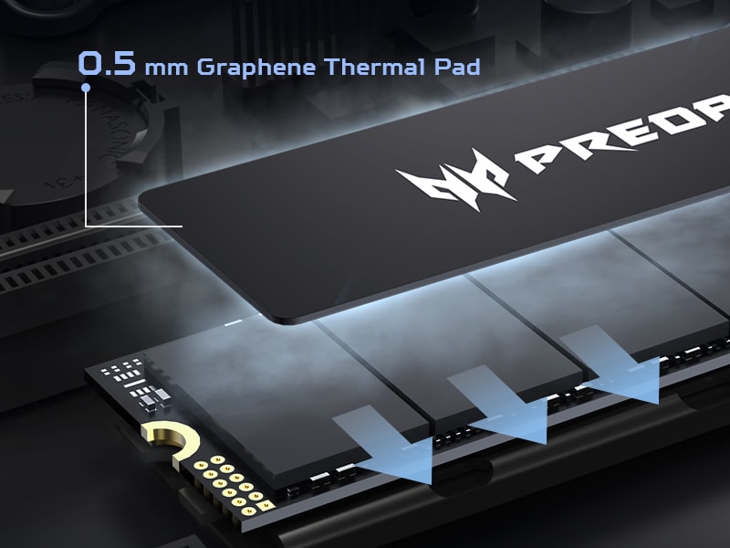 Predator GM6 PCIe SSD with a 0.5 mm graphene thermal pad for efficient heat dissipation